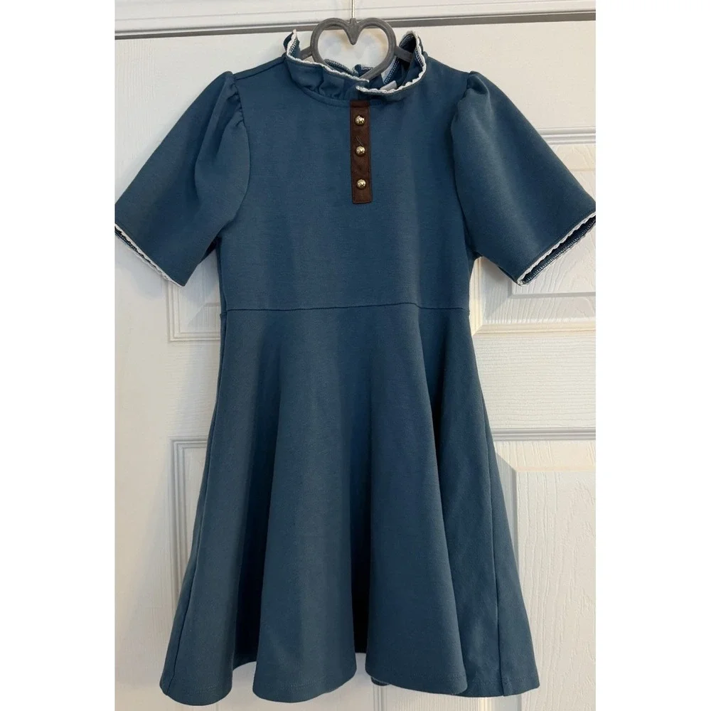 Janie and Jack Button Ruffle Collar‎ Ponte Dress 6 Teal Dressy Stretch Party